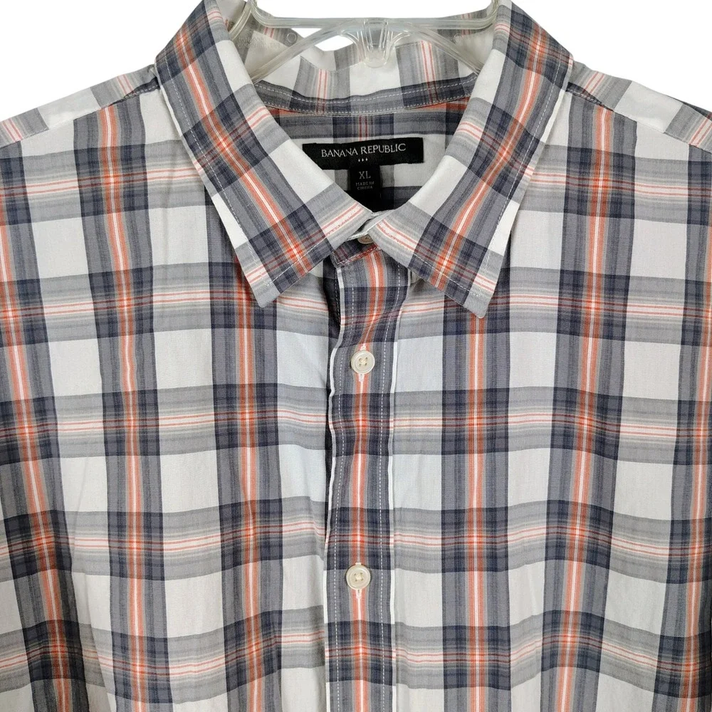 Banana Republic Mens XL Short Sleeve Plaid Shirt Grey Orange Cotton Dadcore